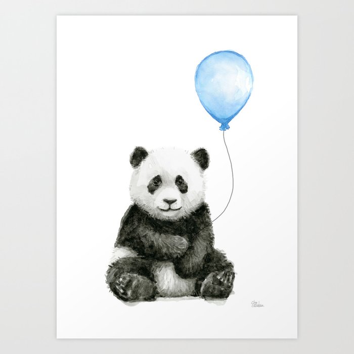 Panda Baby Animal with Blue Balloon Art Print