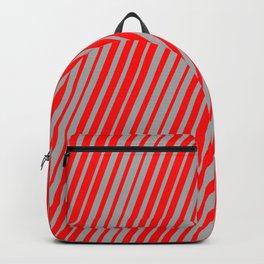[ Thumbnail: Dark Grey & Red Colored Lines/Stripes Pattern Backpack ]
