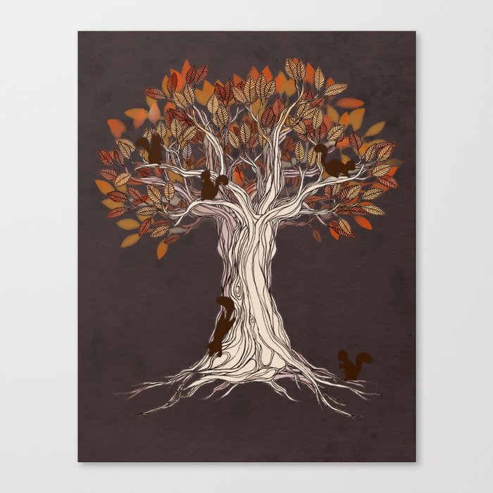 Little Visitors - Autumn tree illustration with squirrels Canvas Print