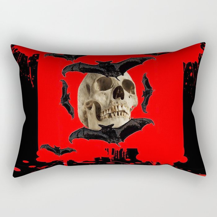 BAT INFESTED HAUNTED SKULL ON BLEEDING RED ON RED  ART Rectangular Pillow