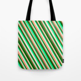 [ Thumbnail: Vibrant Green, Beige, Light Salmon, Dark Olive Green & Dark Green Colored Striped/Lined Pattern Tote Bag ]