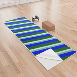 [ Thumbnail: Colorful Sky Blue, Mint Cream, Aquamarine, Blue & Dark Green Colored Striped/Lined Pattern Yoga Towel ]