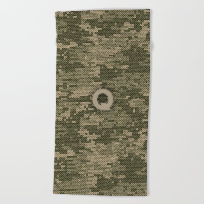 Personalized Q Letter on Green Military Camouflage Army Design, Veterans Day Gift / Valentine Gift / Military Anniversary Gift / Army Birthday Gift  Beach Towel
