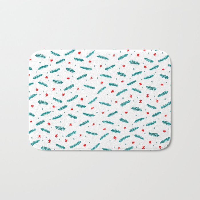 Christmas branches and stars - teal and red Bath Mat