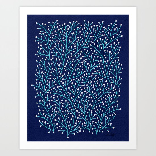 Berry Branches - Turquoise on Navy Art Print