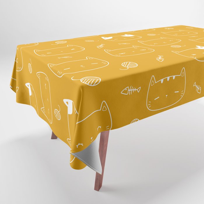 Mustard and White Doodle Kitten Faces Pattern Tablecloth