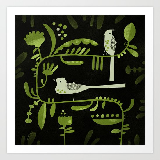 GREEN ON BLACK WITH BIRDS Art Print