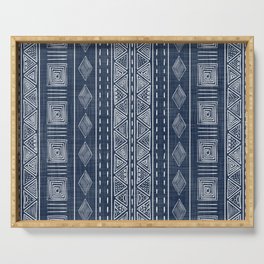 Mudcloth Navy Blue and White Vertical Tribal Pattern Serving Tray