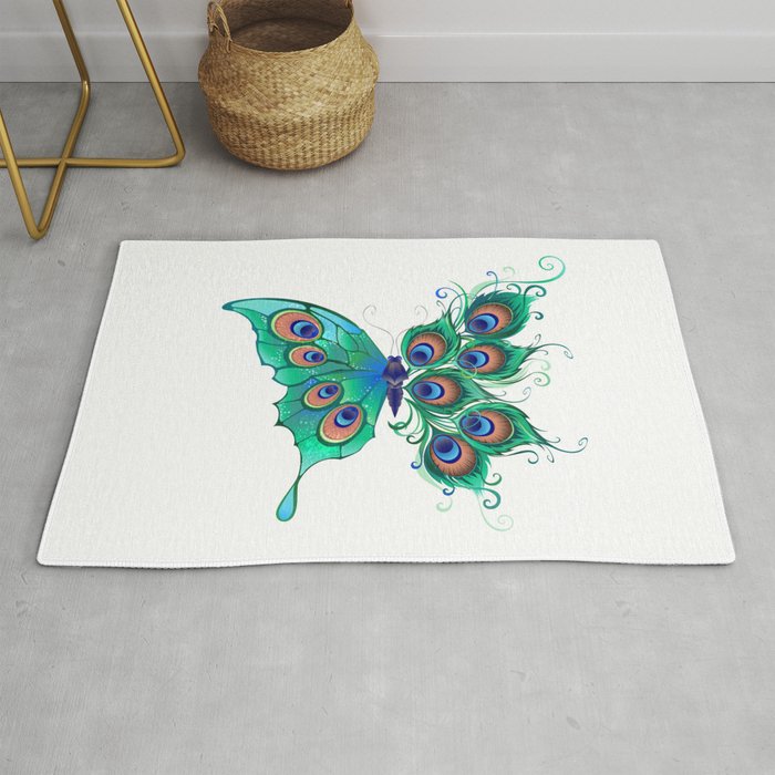 Butterfly with Green Peacock Feathers Rug