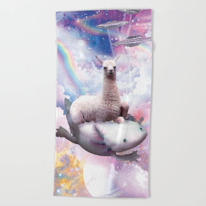 Space Llama Riding Axolotl - Rainbow Beach Towel
