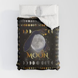 Moon phases mystical womans hands on full moon Duvet Cover