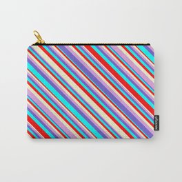 [ Thumbnail: Eyecatching Light Yellow, Plum, Slate Blue, Aqua & Red Colored Stripes/Lines Pattern Carry-All Pouch ]