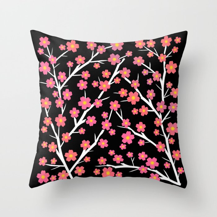 Blooming - coral on black 1 Throw Pillow