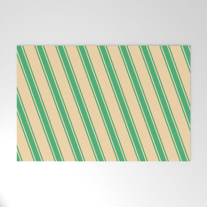 Tan and Sea Green Colored Lines Pattern Welcome Mat