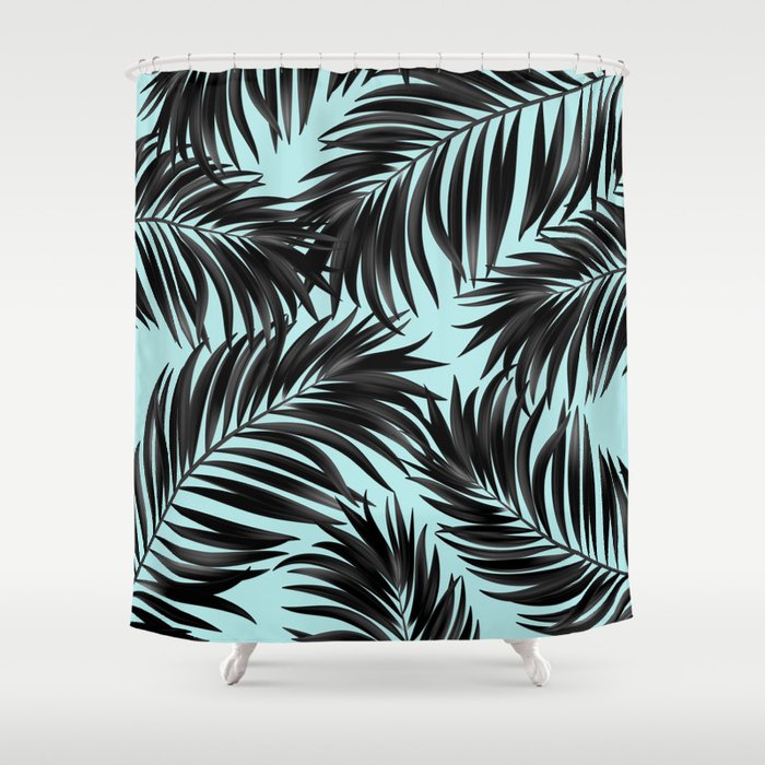 Palm Tree Fronds Black On Cyan Hawaii Tropical Shower Curtain By