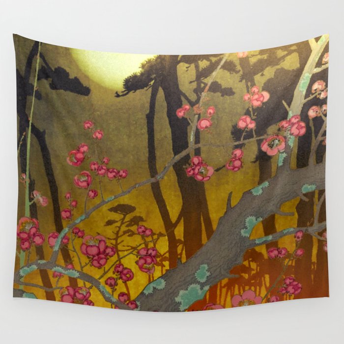 Night of Lights - Forest Nature Ukiyo Landscape in Yellow, Orange, Red & Black Wall Tapestry