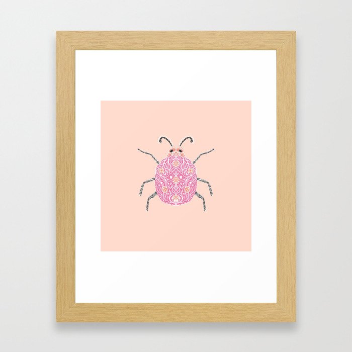 Lady bug with modern folk ornament on pastel pink Framed Art Print