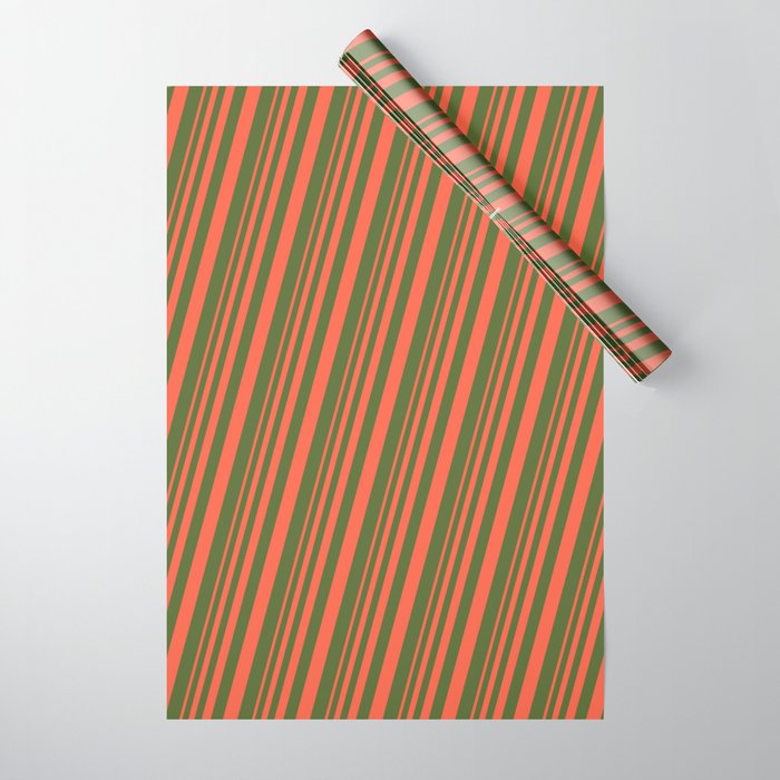Red and Dark Olive Green Colored Stripes Pattern Wrapping Paper