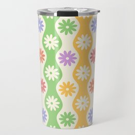 Retro Wavy Stripes with Colorful Flowers Travel Mug | Yellow, Flower, Green, Checker, Graphicdesign, Pattern, Lines, Blue, Digital, Geometric 