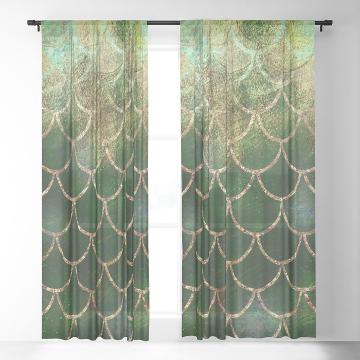 Green Gold Mermaid Scales Sheer Curtain By Christyne Society6