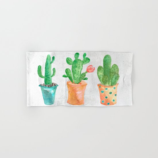 Three Green Cacti Watercolor White Hand & Bath Towel