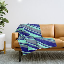 [ Thumbnail: Aquamarine, Slate Gray, and Blue Colored Pattern of Stripes Throw Blanket ]