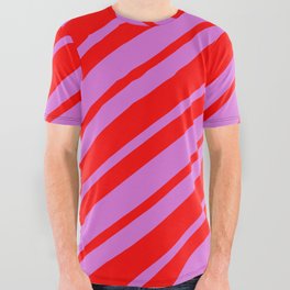[ Thumbnail: Orchid and Red Colored Stripes Pattern All Over Graphic Tee ]