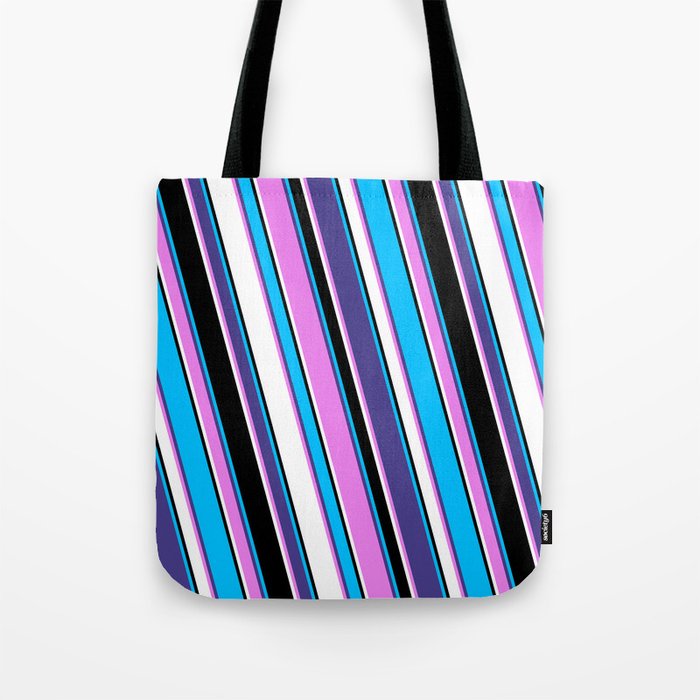 Deep Sky Blue, Dark Slate Blue, Violet, White & Black Colored Lines/Stripes Pattern Tote Bag