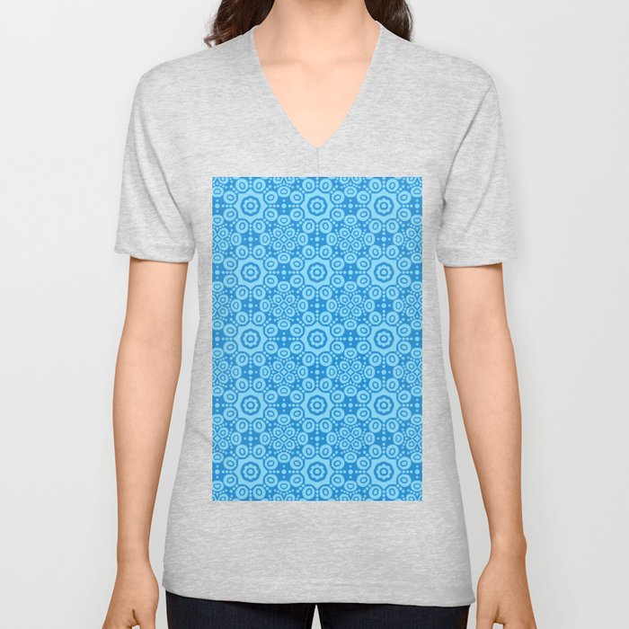 Modern Caribbean Blue Boho Lace Mandala Print V Neck T Shirt