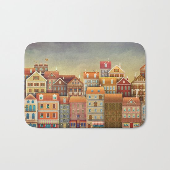 Illustration of cute houses in sky Bath Mat
