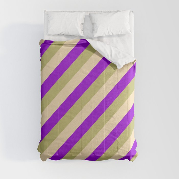Dark Khaki, Tan, and Dark Violet Colored Striped Pattern Comforter