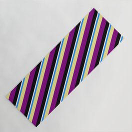 [ Thumbnail: Vibrant Blue, Tan, Purple, Black, and White Colored Pattern of Stripes Yoga Mat ]