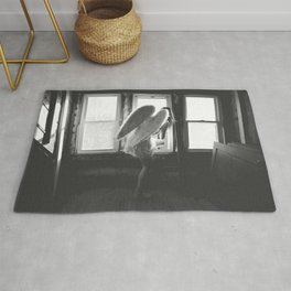 Caught Her Sneaking Out the Bathroom Window female angel black and white photograph - photography - photographs wall decor Rug