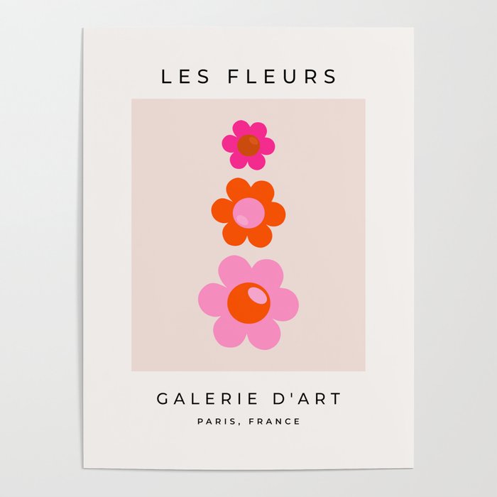 Les Fleurs | 01 - Abstract Retro Floral, Pink And Orange Print Preppy Flowers Poster