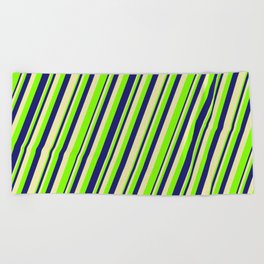 [ Thumbnail: Pale Goldenrod, Chartreuse & Midnight Blue Colored Lines Pattern Beach Towel ]