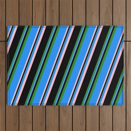 [ Thumbnail: Blue, Pink, Black, and Forest Green Colored Striped Pattern Outdoor Rug ]