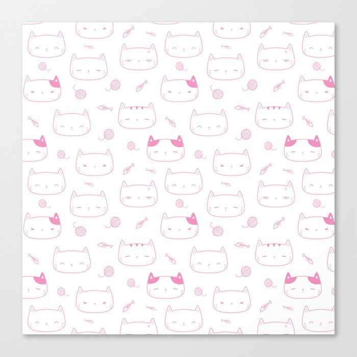 Pink Doodle Kitten Faces Pattern Canvas Print
