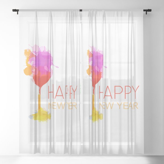 Happy New year celebration with champagne glass watercolor paint drops Sheer Curtain