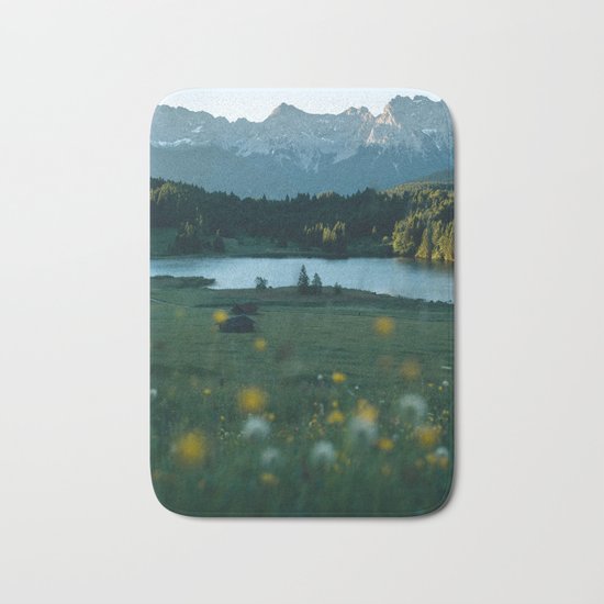Sunrise at a mountain lake with forest - Landscape Photography Bath Mat