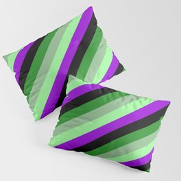 [ Thumbnail: Forest Green, Dark Sea Green, Green, Dark Violet, and Black Colored Stripes/Lines Pattern Pillow Sham ]