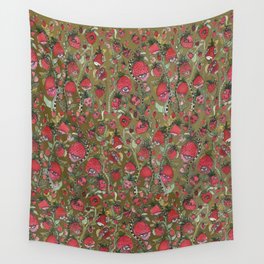 Strawberry Friends in Dark Green Wall Tapestry