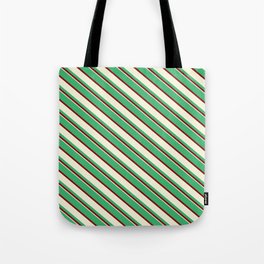 [ Thumbnail: Sea Green, Dark Red, and Beige Colored Lined Pattern Tote Bag ]