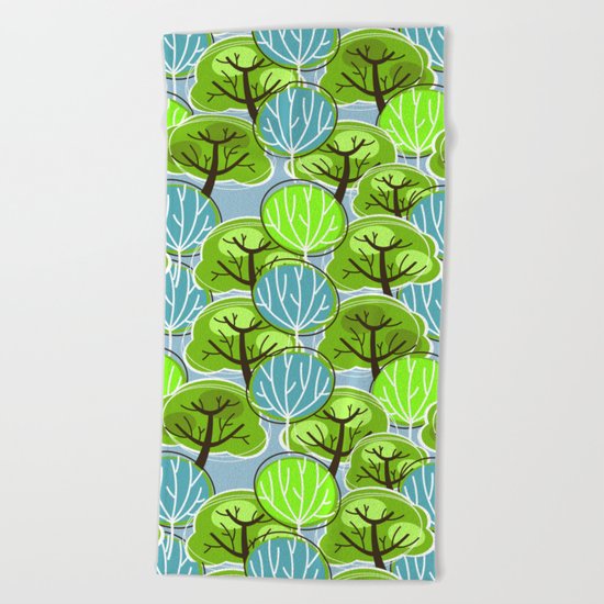 Retro Trees, in blue and green Beach Towel