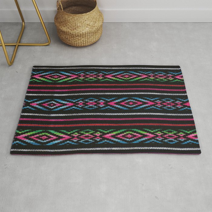 Cambaya mexican authentic fabric tablecloth colorful aztec black print Rug