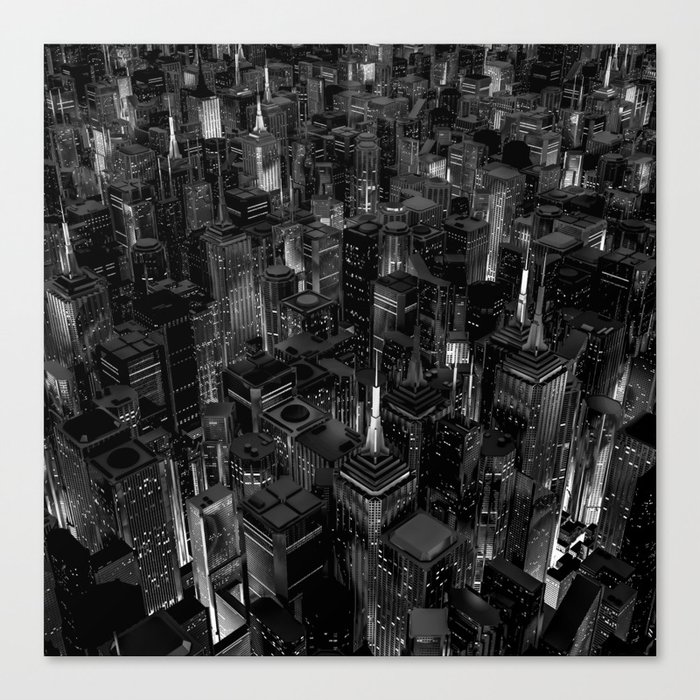 Night city glow B&W / 3D render of night time city lit from streets below in black and white Canvas Print