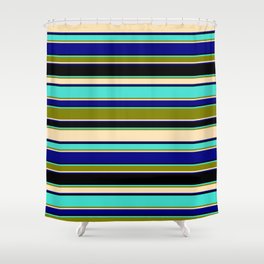 [ Thumbnail: Turquoise, Green, Beige, Blue & Black Colored Striped/Lined Pattern Shower Curtain ]