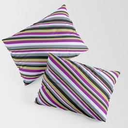 [ Thumbnail: Eye-catching Dark Khaki, Purple, Lavender, Slate Gray, and Black Colored Lined/Striped Pattern Pillow Sham ]