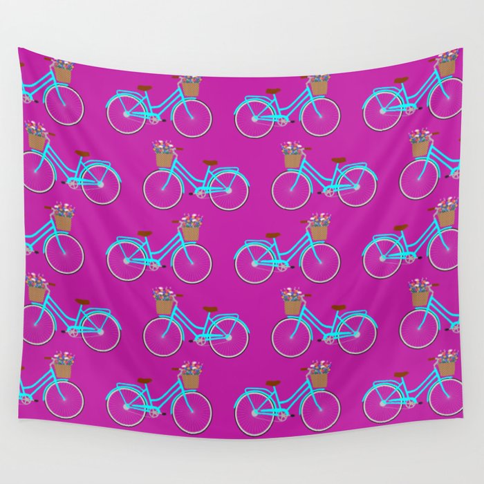 Bicycle with flower basket on purple Wall Tapestry