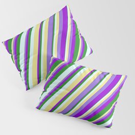 [ Thumbnail: Vibrant Tan, Purple, Dark Violet, Forest Green & Light Cyan Colored Stripes Pattern Pillow Sham ]