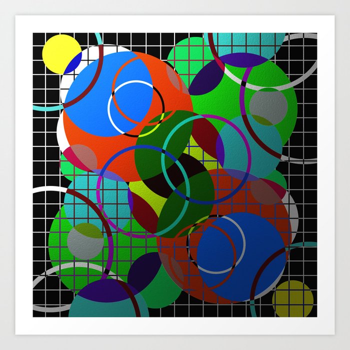Caged Geometry - Abstract, metallic, geometric, rainbow coloured circles Art Print